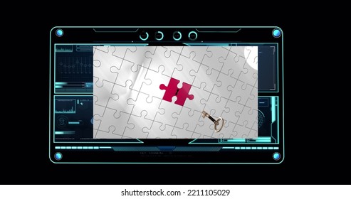 Image of data processing over puzzle. Global business and digital interface concept digitally generated image.