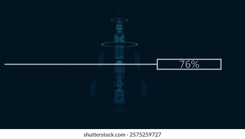 Image of data processing over rocket blueprint on black background. Global business, technology and digital interface concept digitally generated image.