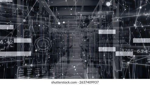 Image of data processing over server room. Global business, computing and digital interface concept digitally generated image.