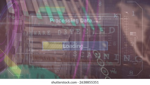 Image of data processing over server room. Global technology, computing and digital interface concept digitally generated image.