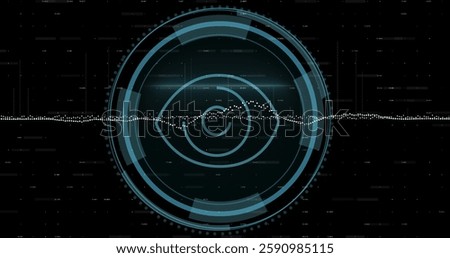 Image of data processing over syber security text and scope scanning on black background. Global technology, computing, online security and digital interface concept digitally generated image.