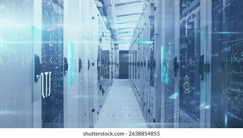 Image of data processing over tech room with computer servers. Global finance economy technology and digital interface concept digitally generated image.