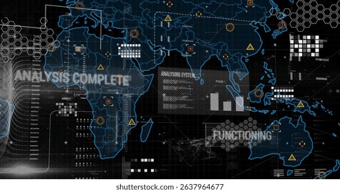Image of data processing over world map on dark background. Global science, business, digital interface and data processing concept digitally generated image.