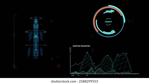 Image of data processing and rocket blueprint over black background. Global business and digital interface concept digitally generated image.