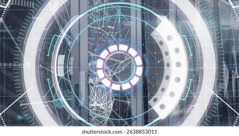 Image of data processing and scope scanning over computer servers. Global computing, data processing and networks concept digitally generated image.