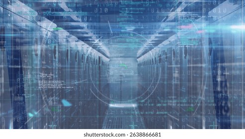 Image of data processing and scope scanning over binary coding against computer server room. Computer interface and business data storage technology concept