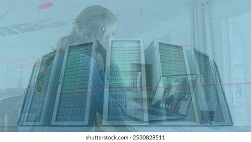 Image of data processing and servers over caucasian businesswoman using phone headset. Global business and digital interface concept digitally generated image. - Powered by Shutterstock