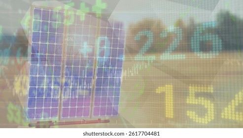 Image of data processing and solar panels over landscape. Global environment, green energy and sustainability concept digitally generated image.