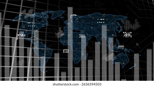 Image of data processing and statistics over world map. Global business, finance and data processing concept digitally generated image.