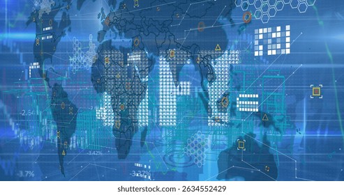 Image of data processing and world map over blue background. Global business and digital interface concept digitally generated image.