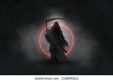 The Image Of Death In Black Clothes With A Scythe In His Hands, A Black Hood. Grim Reaper In The Fog. Depression, Despondency, Fear, Fright, Mysticism. 3D Illustration, 3D Rendering