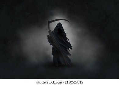 The image of death in black clothes with a scythe in his hands, a black hood. Grim reaper in the fog. Depression, despondency, fear, fright, mysticism. 3D illustration, 3D rendering