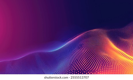 The image depicts an abstract background featuring a vibrant wave-like pattern composed of colorful dots and a gradient color scheme.