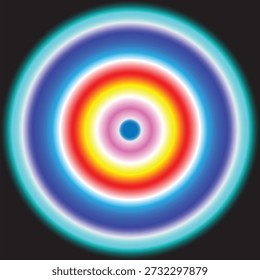 The image depicts a concentric circular gradient with multiple colored rings arranged like a target or bullseye. The rings transition smoothly from a central blue dot outward through pink, white, yellow, red, and blue to a light cyan outer ring on a black background.
