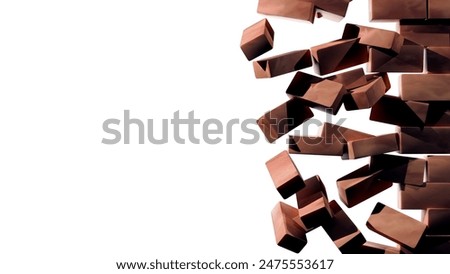 The image depicts falling brick wall pieces creating a scene of destruction and chaos. 3D Illustration
