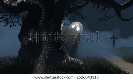 The image depicts a ghostly apparition partially concealed behind a gnarled tree in a dimly lit graveyard, with a mist looming over the ground, enhancing the haunting mood. 3d render