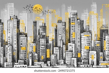 The image depicts a vibrant cityscape with towering skyscrapers, intricately sketched in monochrome. Yellow accents highlight various buildings, adding a touch of modern artistic flair.  - Powered by Shutterstock