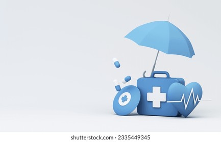 Image design, 3d rendering, background for concepts used in insurance, health and medical advertisements. in blue tones consisting of a medical box and an umbrella