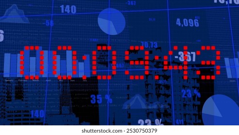 Image of diagrams and data processing with clock over cityscape. Global business, time and digital interface concept, digitally generated image. - Powered by Shutterstock