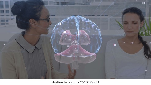 Image of digital brain over caucasian woman consulting psychologist. Mental health, therapy and healthcare concept digitally generated image. - Powered by Shutterstock