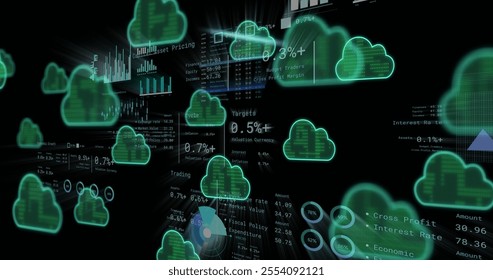 Image of digital clouds over data processing. Business, technology and digital interface concept digitally generated image. - Powered by Shutterstock - Get 15% off with code: PIKWIZARD15