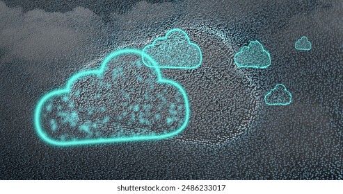 Image of digital clouds over sky. Global cloud computing, data processing, digital interface and connections concept digitally generated image.