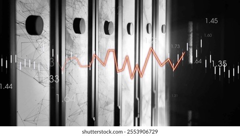 Image of digital data processing over computer servers. Global connections, computing and data processing concept digitally generated image.