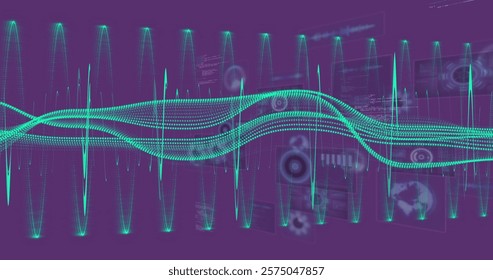 Image of digital data processing over purple background. Global science, connections, computing and data processing concept digitally generated image.