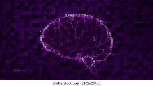 Image Of A Digital Glowing Pixelated Purple 3d Human Brain Spinning In Seamless Loop On Glowing Purple And Black Background. Medicine Neuroscience Genetics Concept Digitally Generated Image.