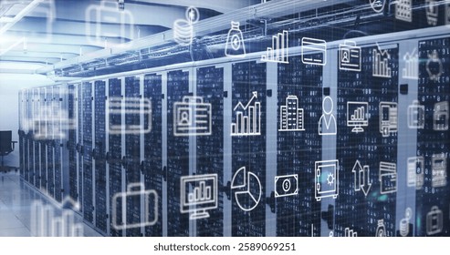 Image of digital icons and data processing over computer servers. Global connections, computing and data processing concept digitally generated image.