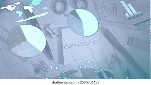 Image of digital infographic interface over counselling text on notepad with stationery on table. Digital composite, multiple exposure, report, investment, finance, education and mental health. - Powered by Shutterstock