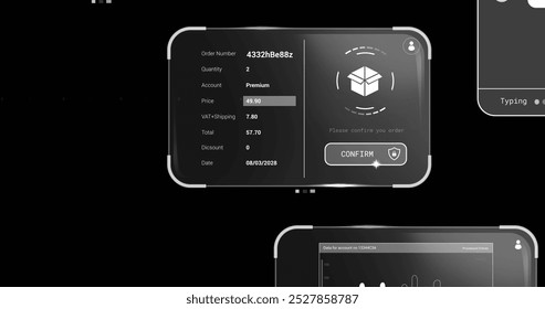 Image of digital interface and data processing on black background. Statistics, computing and data processing concept digitally generated image.
