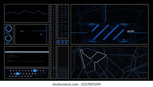 Image of digital interface and data processing on black background. Statistics, computing and data processing concept digitally generated image.