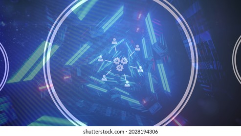 Image of digital interface with floating icons and circles over digital tunnel. Global digital network technology concept digitally generated image.