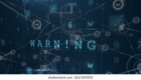Image of digital interface and network of connections over hacker. global connections, data processing and digital interface concept digitally generated image.