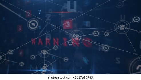 Image of digital interface and network of connections over hacker. global connections, data processing and digital interface concept digitally generated image.