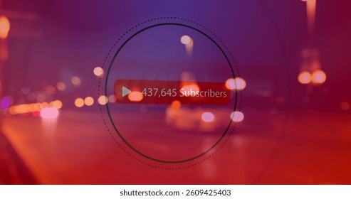 Image of digital interface Subscribers text with growing numbers on red speech bubble over road traffic in city. Global social media network digitally generated image.