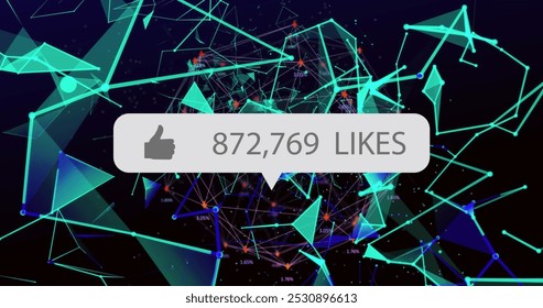 Image of digital interface thumbs up with growing numbers on white speech bubble over network of connections. Global social media network digitally generated image.