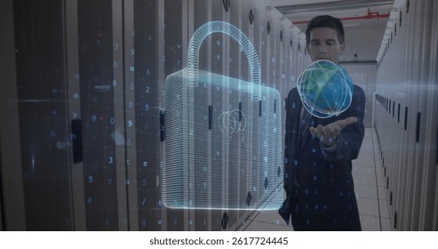 Image of digital padlock and caucasian man showing open hand in front of servers. internet security, data safety and technology concept digitally generated image.