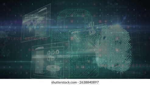 Image of digital padlock with integrated circuit and fingerprint over data on digital screens. Data safety, digital security, global network and technology concept digitally generated image.