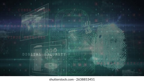 Image of digital padlock with integrated circuit and fingerprint over data on digital screens. Data safety, digital security, global network and technology concept digitally generated image.