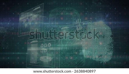 Image of digital padlock with integrated circuit and fingerprint over data on digital screens. Data safety, digital security, global network and technology concept digitally generated image.