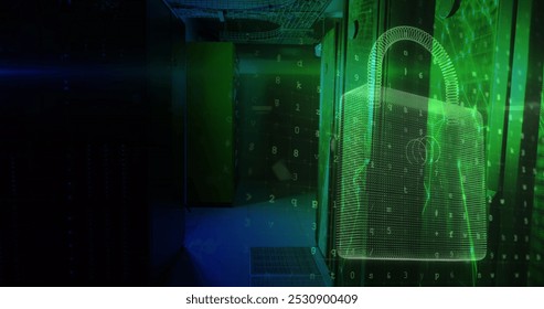 Image of digital padlock and numbers over servers. Global network, data processing, digital communication and technology concept digitally generated image.