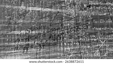 Image of digital screen with data and math formulas on grey background. Science, math, knowledge and education concept digitally generated image.
