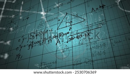 Image of digital screen with scientific data, graphs and math formulas on green background. Science, math, knowledge and education concept digitally generated image.