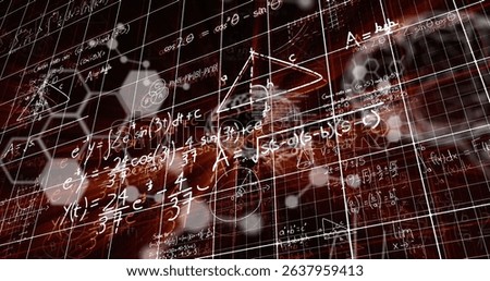 Image of digital screen with scientific data, brain and math formulas on black background. Science, math, knowledge and education concept digitally generated image.