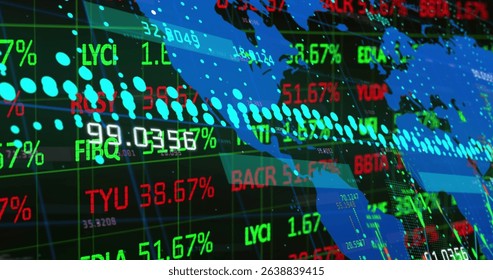 Image of digital screen with world map, financial data and graphs. Global finance, economy and technology concept digitally generated image.