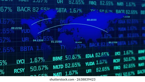 Image of digital screen with world map, financial data and graphs. Global finance, economy and technology concept digitally generated image.