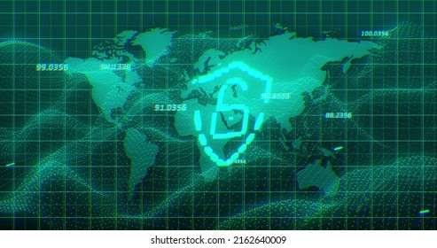 Image of digital shield with padlock over green background with world map. global network, internet security and data safety concept digitally generated image.