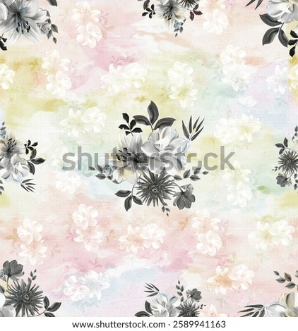 The image displays a repeating floral pattern on a soft, pastel-colored background. The flowers are rendered in shades of gray, creating a contrast with the light pink, yellow, and white hues
